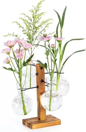 Plant Propagation Station, Plant Terrarium with Wood Stand for Hydroponics Plants, Home Office Garden Decor Planter, Plant Lover Gifts - 4 Bulb Glass Vases