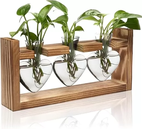 Plant Propagation Station, Plant Terrarium with Wooden Stand, Tabletop Glass Planter Desktop Plants Propagation Vase for Hydroponics Plants - 3 Heart Shaped Vases
