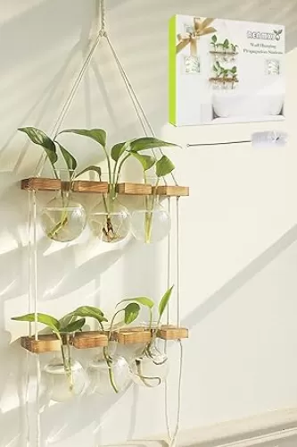 Plant Propagation Station Wall Hanging, Plant Terrarium with 2 Tiered Wooden Stand for Hydroponics Plants, Unique Gardening Gifts for Women Mom Plant Lovers - 6 Bulb Glass Vases