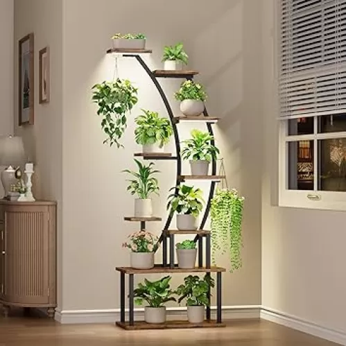 Plant Stand Indoor with Grow Lights, 63" Tall Indoor Plant Shelf, 9 Tiered Corner Plant Holder, Large Flower Display Shelves for Living Room, Bedroom, Office, Home Decor