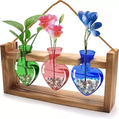 Plant Terrarium Propagation Stations Hydroponics Heart Shaped Propagation Vases for Plants Glass Vase with Wooden Stand, Wall Hanging Decor Home Office Garden Decoration (Green/Blue/Pink)