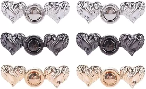 Pokinge 6 Sets Love Heart Waist Buckle, Alloy Adjustable Waist Clip Portable Removable Waist Button for Pants Skirts Simple Women Clothes Accessories(Silver&Black&Gold)