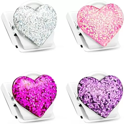 QingCo 4 Pack Bling Bling Love Heart Magnetic Clips, Heavy Duty, 1.4x1.2in, Yellow Metal, Suitable for Refrigerators, White Boards, and Other Magnetic Surfaces
