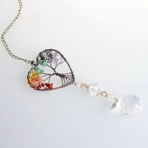 Rainbow Crystal Ball Sunshine Catcher, Suncatcher Window Hanging Tree of Life Heart Shaped Crystal Ball Prism Drop Pendant, Ornament Home Garden Christmas Decoration, Car Decor (Colorful Tree)