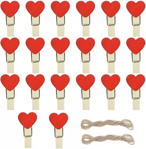 Red Heart Clothespins Mini Wooden Clothespins with Jute Twine Small Decorative Wood Peg Pin Craft Clips for Pictures Photo Memo Card
