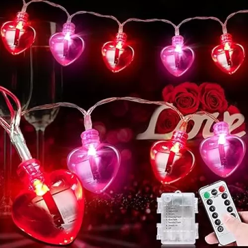 Remote Control & 8 Modes - Valentines Day Decorations Heart Garland Lights with Timer 8.2 Ft 20 LED Red Pink Heart String Lights Battery Operated Valentine Lights Decor Home Indoor Outdoor Wedding