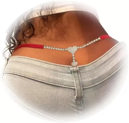 Rhinestone Double Heart Thong Panties Crystal Waist Chain Thong Elasticity Rhinestone Rave G String Waist Body Jewelry for Women