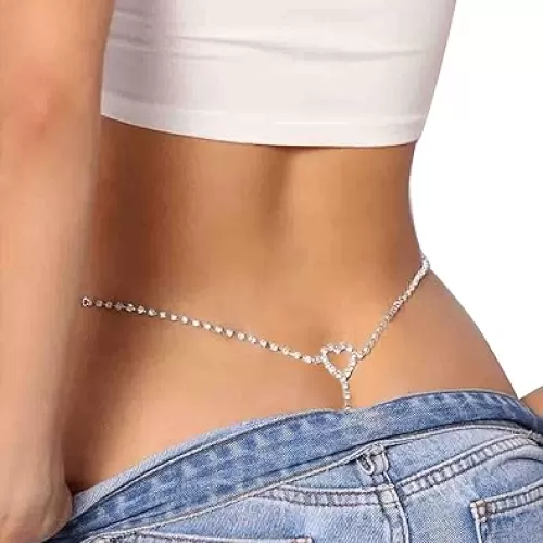 Rhinestone Heart Waist Body Chain Jewelry Heart Crystal Thong Panties G String Brief Rhinestone Thong Bikini Crystal Waist Belly Chain for Women