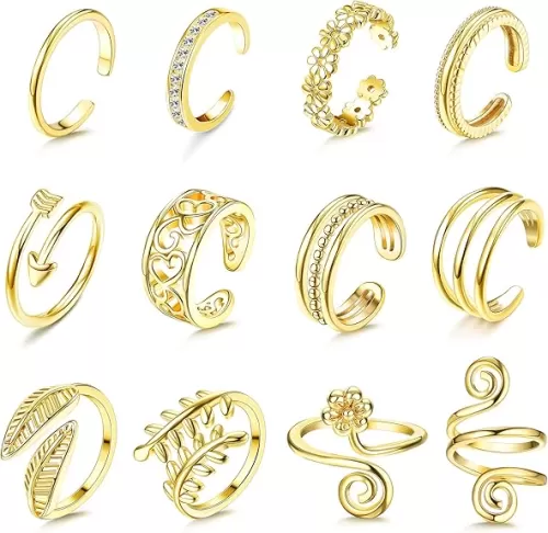 Sanfenly 12PCS Adjustable Toe Rings for Women Gold Silver Black Open Toe Rings Set Flower Arrow Leaf heart CZ Tail Pinky Band Rings Summer Beach Foot Jewelry Set