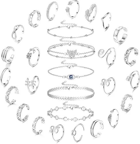 Sanfenly Anklets and Toe Ring Set for Women Silver Anklet Bracelets Open Adjustable Toe Ring Flower Wave Heart Tail Pinky Band Rings Summer Beach Foot Jewelry