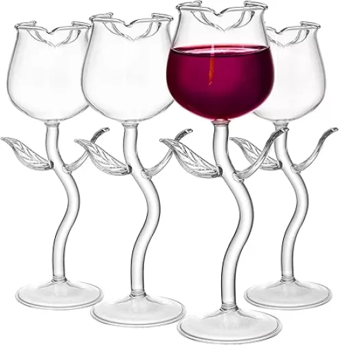 Set of 4 Rose Cocktail Glass, Flower Red Wine Glass, Clear Rose Goblet Glasses, Stem Champagne Flutes Drinkware for Mother