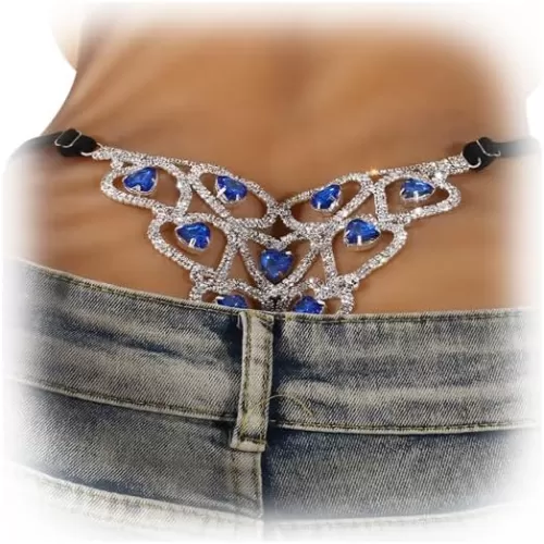 Sexy Blue Heart Rhinestone Thong Panties Jewelry for Women Stretch Crystal Chain Thong G String Underwear Body Jewelry