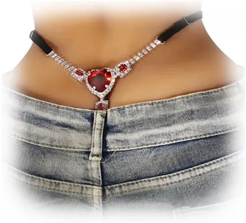Sexy Heart Crystal Thong Panties Jewelry for Women Stretch Rope Rhinestone Chain Thong G String Bikini Back Panties Underwear Body Jewelry