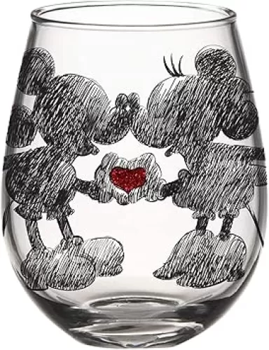 Silver Buffalo Disney Mickey and Minnie Classic Heart Glitter Stemless Wine Glass, 20 Ounces