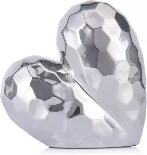 Silver Heart Shape Statue, Ceramic Heart Statue for Modern Home Accent Decor, Silver Abstract Art Ceramic Sculpture Table Centerpieces for Dining Room, Living Room, Office, Kitchen, Cabinets, Shelf