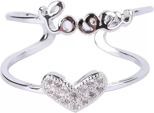 Simple Fashion Rings Double Layer Open Ring Crystal Heart Shaped Love Rings Toe Ring, silver Fashion Processed