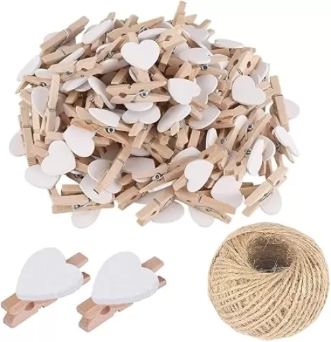 SKYPRO 50Pcs White Mini Wooden Heart Clothespins, Multicolor Small Clothespins with Heart, 3cm Heart Photo Clips, DIY Craft