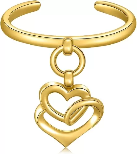Solid 14K Yellow Gold Dangle-heart/Leaf Adjustable Open Toe Ring for Women | Cuff Toe Ring Fit Most Size for Spring, Summer, Holiday, Wedding or Daily Wear