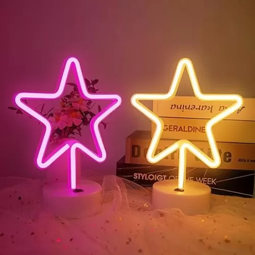 Star Neon Sign, Led Neon Light with Base, Warm White and Pink Star Led Light Battery/USB Powered for Home Bedroom Hotel Bar Store Desk, 4th of July Decorations, Christmas Gift- 2PCS