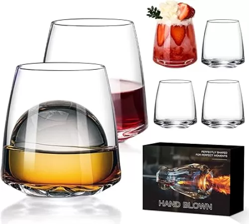 Stemless Wine Glasses Set of 6-14.5oz Hand Blown Heavy Red White Wine Glasses Unique gifts for him/her wedding, birthday, Mother