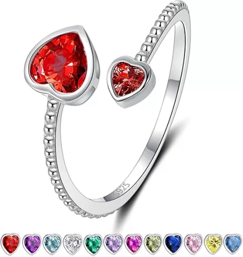 Step Forward 925 Sterling Silver Birthstone Rings for Women - Adjustable Open Heart Ring Constellation Month Band for Her Birthday Gifts Jewelry