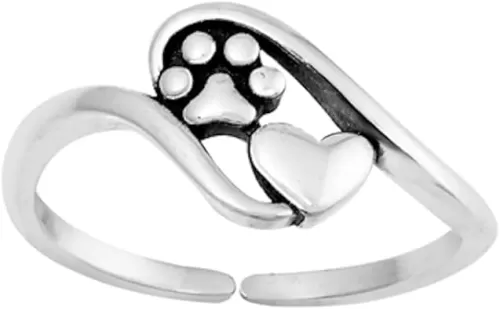 Sterling Silver Paw Print & Heart Toe Ring