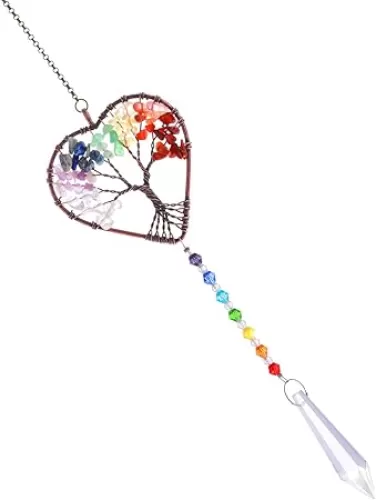 Suncatcher Window Hanging, Tree of Life Crystal Sun Catcher Heart Shaped Crystal Ball Prism Drop Pendant Rainbow Maker Hanging Ornament for Window Home Garden Decor