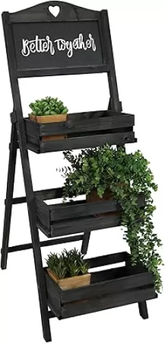 Sunnydaze Country Heart 3-Tier Wooden Plant Stand with Chalkboard - Wood Ladder Shelf for Plants - For Indoor or Outdoor Use - 41" H - Black