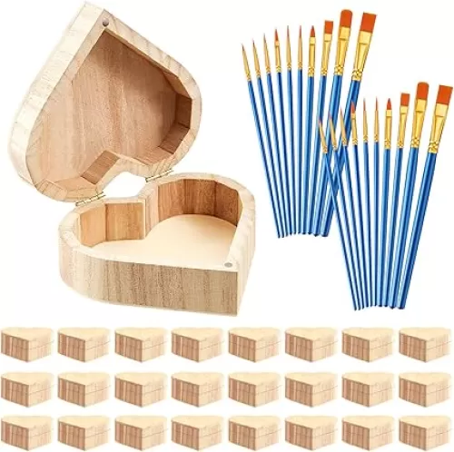 Taiyin Unfinished Graduation Heart Box Unpainted Wooden Treasure Chest with Art Brushes Wood Heart Shaped Natural Pine Box with Hinged Lid for DIY Craft Making Storage Jewelry(50 Pcs)