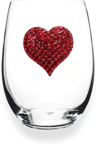 THE QUEENS' JEWELS Red Heart Jeweled Stemless Wine Glass, 21 oz. - Stunning and Dazzling Expression of Love Hand-Set Rhinestones Not Painted