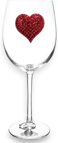 THE QUEENS' JEWELS Red Heart Jeweled Stemmed Wine Glass, 21 oz. - Stunning and Dazzling Expression of Love Hand-Set Rhinestones Not Painted