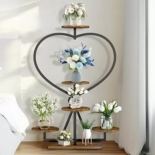 unho 5 Tier Tall Plant Stand Indoor, Heart-Shape Metal Plant Shelf with Hanging Hook, Multiple Planter Display for Home Decor, Living Room, Balcony, and Bedroom，Patio，Lawn