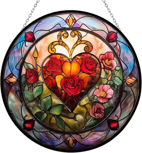 Valentine Heart Stained Glass Window Hanging by Clare Donovan Customized Suncatcher 12" Glass Panel with Metal Chain Sun Catchers Wall Art Home Decor Gift for Women Mothers Day