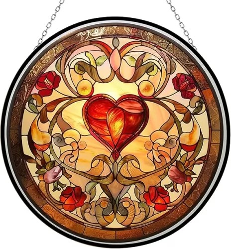 Valentine Heart Stained Glass Window Hanging by Clare Donovan Window Suncatcher 12" Glass Panel with Metal Chain Sun Catchers Wall Art Home Decor Gift for Women Mother's Day