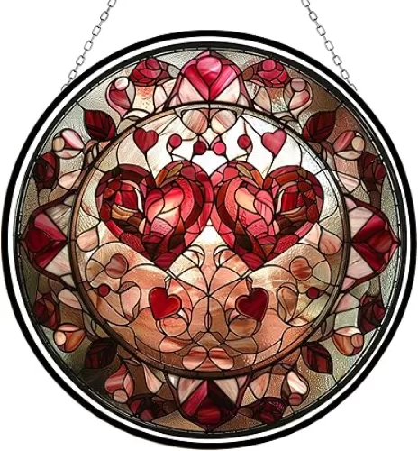 Valentine Heart Suncatchers for Windows Clare Donovan, 6.3” Stained Glass Window Hangings, Hand-Painted Glass Panel Perfect for Home Décor