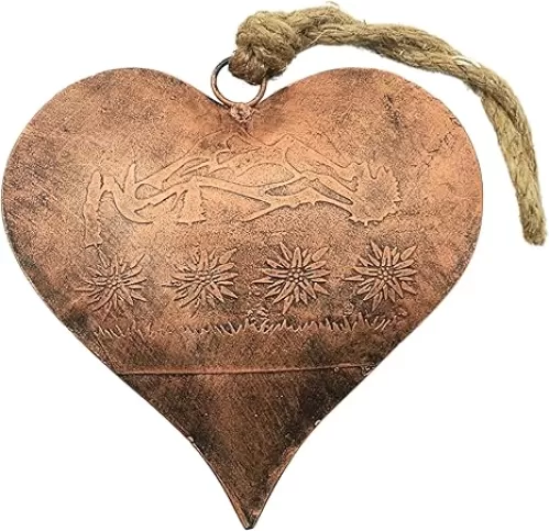 Vintage Copper Heart-Shaped Hanging Ornament – Floral Engraved Metal Decor with Jute Rope, Farmhouse Art or Christmas Tree Decoration -7.5 Inches