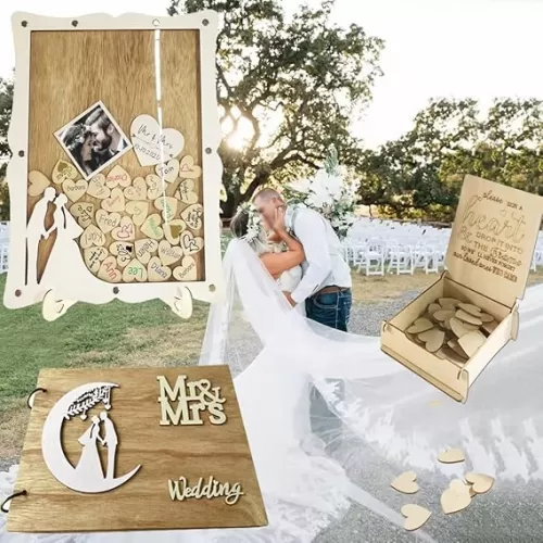 Wedding Guest Book Alternative, Personalized Rustic Drop Box Guest Sign DIY Custom Picture Frame 65 Wooden Hearts, Reception Bridal Baby Shower Birthday Funeral Graduation Anniversar (Rectangle)