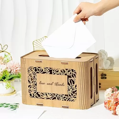 Wedding Wood Card Box Love and Thanks Gift Card Cases Acrylic Wooden Rustic DIY Money Box Holder for Marriage Birthday Anniversary Banquet Graduation Party Reception Collection Envelope