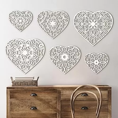Wesiti 6 Pcs Wooden Heart Wall Decor Wood Hollow Carved Sign Rustic Hanging Wall Heart Carved Floral Patterned Sculpture for Kitchen Bedroom Living Room Office Valentine Decoration, 3 Sizes