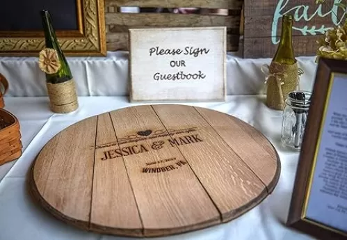 WhiskeyMade Personalized Wedding Guestbook Alternative - Solid Wooden Centerpiece Made from a Real Bourbon Whiskey Barrel Head - Beautiful Decoration for Weddings - Made in The USA (Heart)