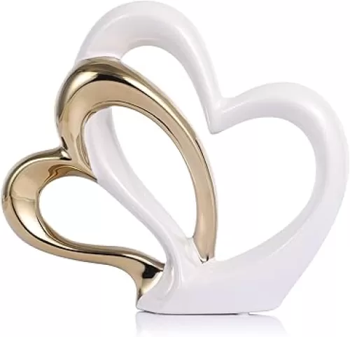 White and Gold Heart Shaped Ceramic Statue Elegant Double Love Hearts for Valentine, Table Centrepieces, Shelves, Living Room, Tv Cabinet Decorations, (C-White Gold)