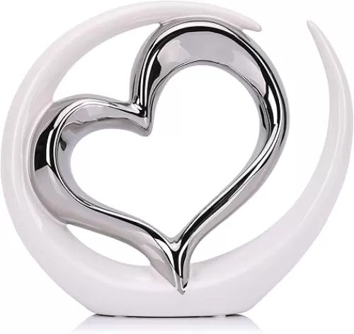 White and Silver Home Decor Porcelain Heart Decor - for Living Room Entryway Coffee Dining Table Shelves, Wedding, Valentine's Gift for Couples & Lovers, Heart Sculpture Art