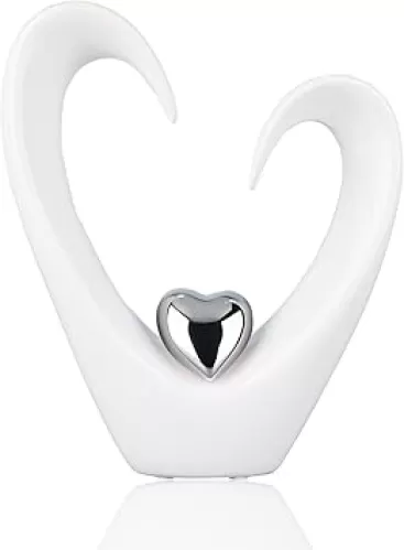 White Silver Ceramic Heart Decor Statue, Abstract Art Heart Shaped Sculptures for Valentine Home Centerpiece, Fireplace, Living Room, TV Stand Accessories Decor