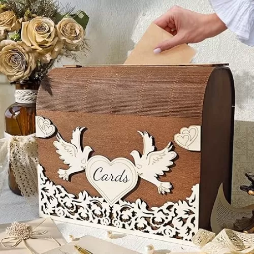 Wooden Card Box with Slot, Rustic Mail Box Envelope Boxes for Wedding Cards Money with Elegant Heart 3D Relief Design, Vintage Gift Card Box for Party Reception Birthday Baby Shower Decor