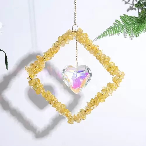 Yellow Natural Stone Crystal Suncatcher Heart Shape Prism Pendant Handmade Rainbow Maker Window Garden Decor