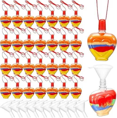 Yinkin 30 Pcs Heart Sand Art Bottle Necklaces for Valentine Sand Art Set for Kids Valentine Party Favors DIY Art Activity Group Included 10 Pcs Mini Clear Plastic Funnels, Sand Not Included