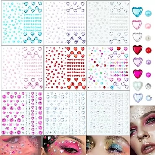1398 PCS Heart Rhinestones Face Self-Adhesive Acrylic Heart Gems Stickers Flat-Back Heart Pearl Crystal for Body Eye Makeup for Wedding Valentine's Day DIY Crafts, 9 Sheets