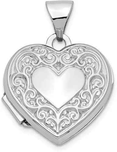14k White Gold Heart Locket Pendant - 21mm x 15mm
