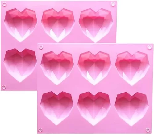 2 Pcs 3D Diamond Heart Silicone Mold for Chocolate, 6 Cavities Easy Demold Heart Shaped Mold Tray for Making Breakable Mousse, Cake, Chocolate, Cheesecake, Valentine