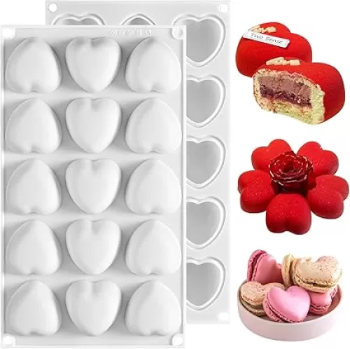 2 Pcs Heart Shape Silicone Molds, Mini Shaped Silicone Molds for Baking, 15 Cavity Non Stick Heart Shaped Cake Pans for Chocolate, Mini Cakes, Jelly, Pudding, Cheesecake, Mousse, Butter